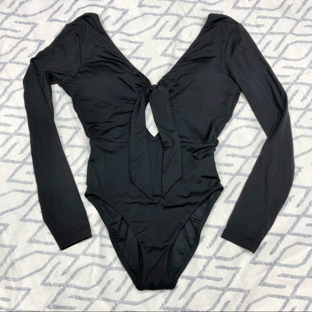 NEW seafolly splendour long sleeve one piece black swimsuit tie front plunge - Picture 8 of 10
